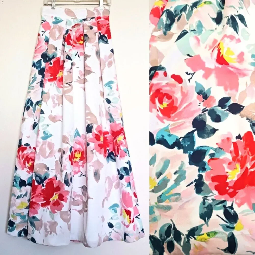 Eliza J Floral Print Pleated Maxi Skirt Ballroom Lined Pockets Sz 6